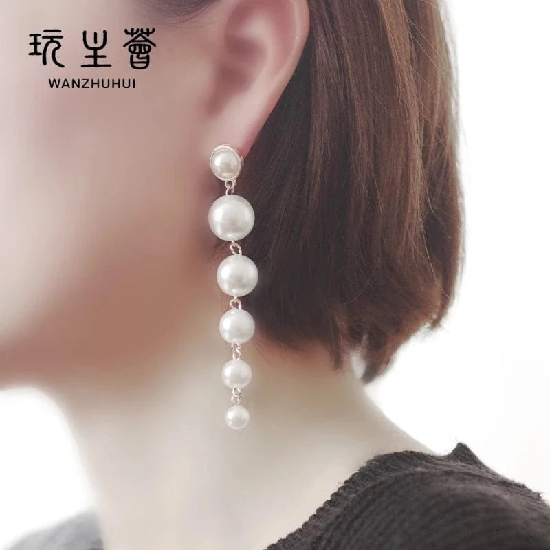 100MM high, 15MM wide (±1MM) / White Fashionable personality style tassel pearl pendant earring collect jewelry
