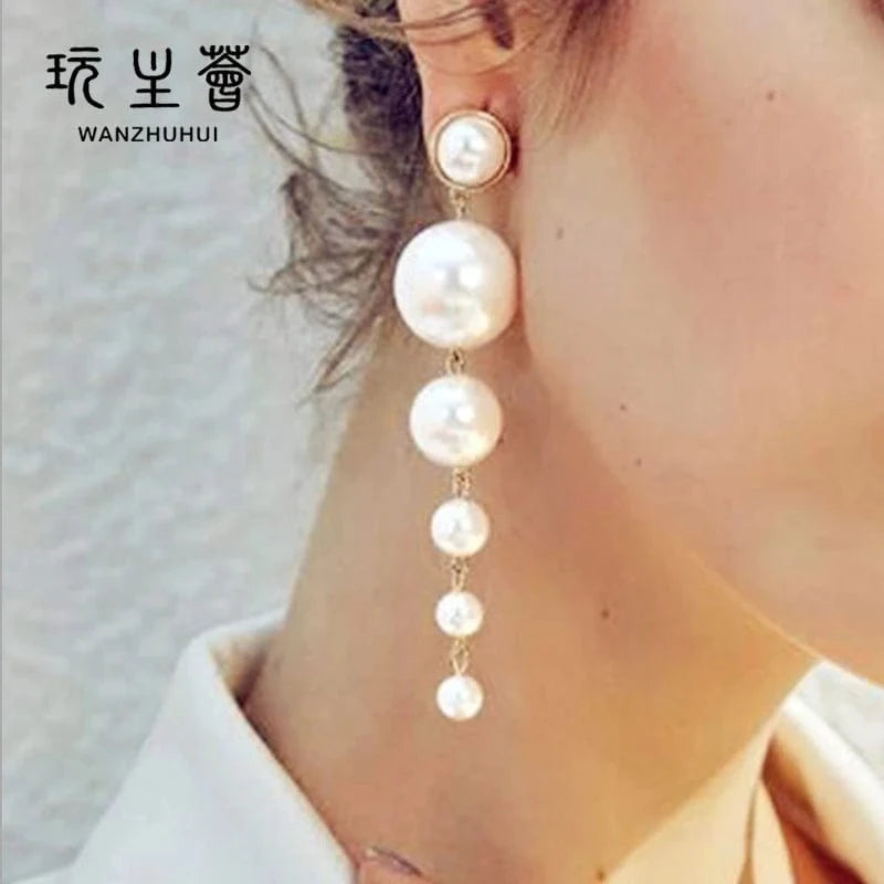 100MM high, 15MM wide (±1MM) / White Fashionable personality style tassel pearl pendant earring collect jewelry