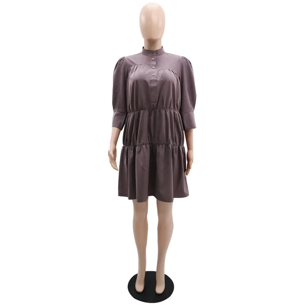 10246 New Arrival Women's Clothing Fall Shirt Dress High Neck Solid Color Loose Long Sleeve Women Midi Large Swing Dress