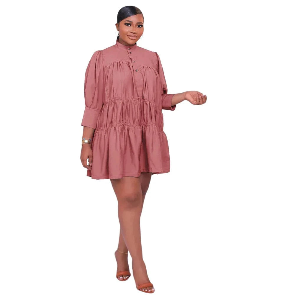 10246 New Arrival Women's Clothing Fall Shirt Dress High Neck Solid Color Loose Long Sleeve Women Midi Large Swing Dress