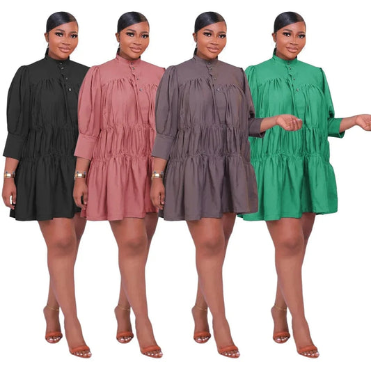 10246 New Arrival Women's Clothing Fall Shirt Dress High Neck Solid Color Loose Long Sleeve Women Midi Large Swing Dress