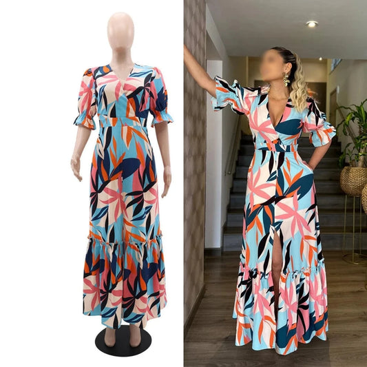 10387 Floral Maxi V-neck Dress For Women Sexy Short Sleeve A-line Holiday Beach Split Dress 2024 Summer Female Sundress