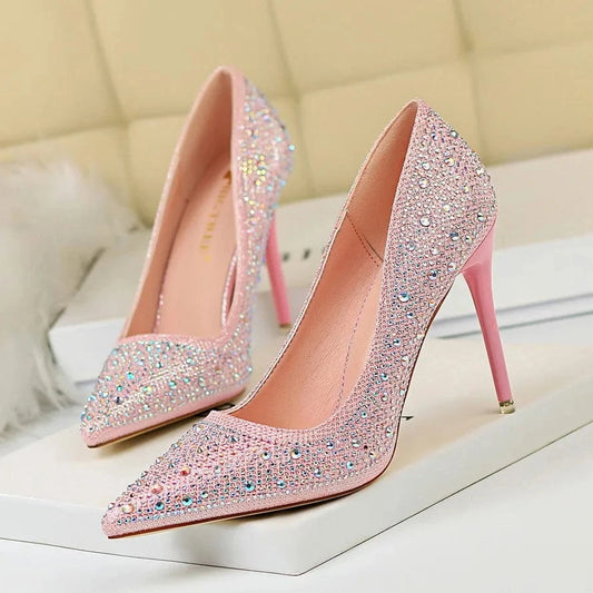 10CM high heels women's shoes stiletto high-heeled shallow mouth suede slim pedicure tip buckle rhinestone single shoes