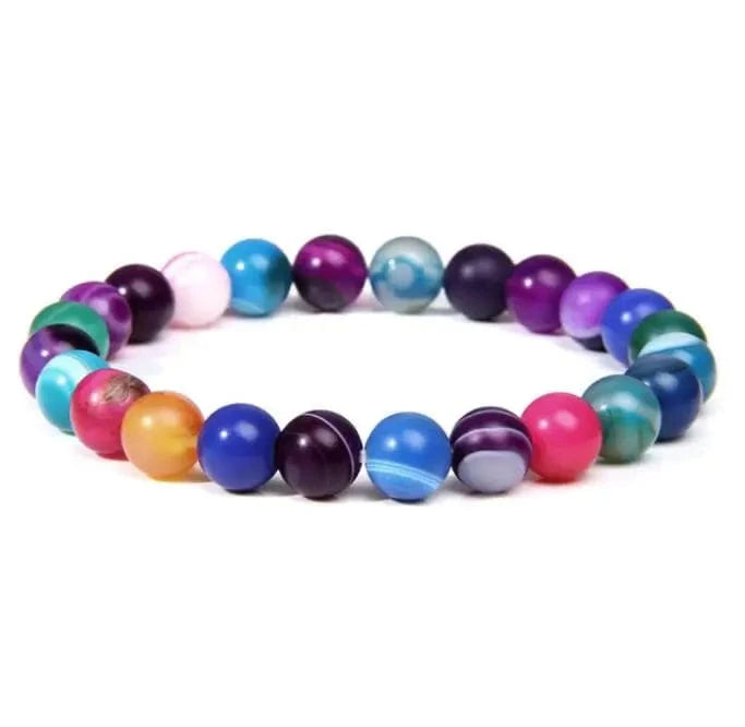 10mm / 19CM / Colorful striped agate 8mm Gorgeous Semi-Precious Gemstones Round Beads Energy Power Crystal Reiki Healing Elastic Stretch Bracelet for Women Men Gifts