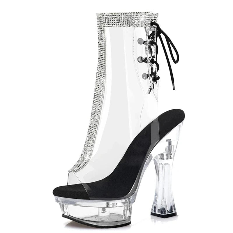 11.5 / Black Thick heel 14cm super high heel thick bottom platform short boots open toe pole dance boots sexy rhinestone striptease Nightclub