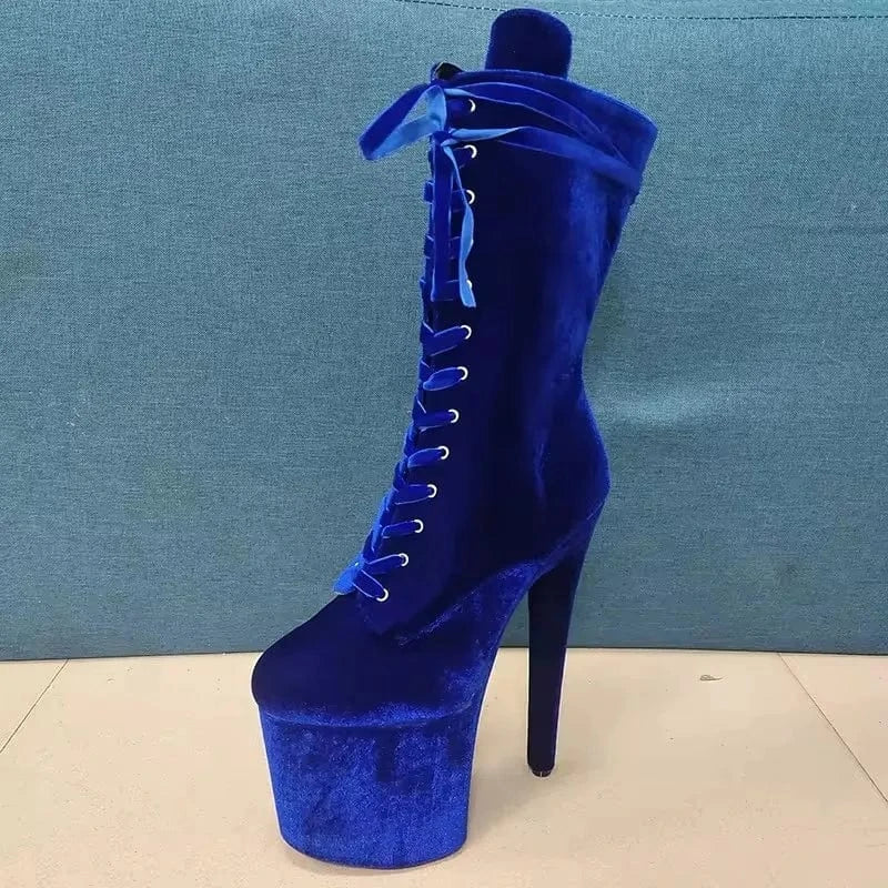 11.5 / Blue 8 inch-20cm Suede lace up platform short boots fashion walking pole dance female boots stripping large size sexy fetish night
