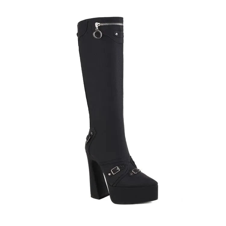 11 / Black BUSY GIRL MF4112 Knee High Boots for Women Chunky High Heels Platform Fashion Square Buckle Pointed Toe  PU Winter Ladies Shoes