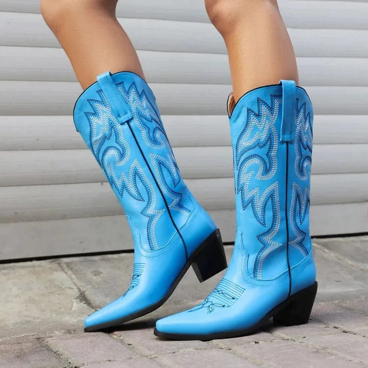 11 / Blue BUSY GIRL XDY4298 Cowboy Boots Wine Red Embroidery Knee High Western Boot Heels For Ladies Pointed Toe Cowgirl Boots for women
