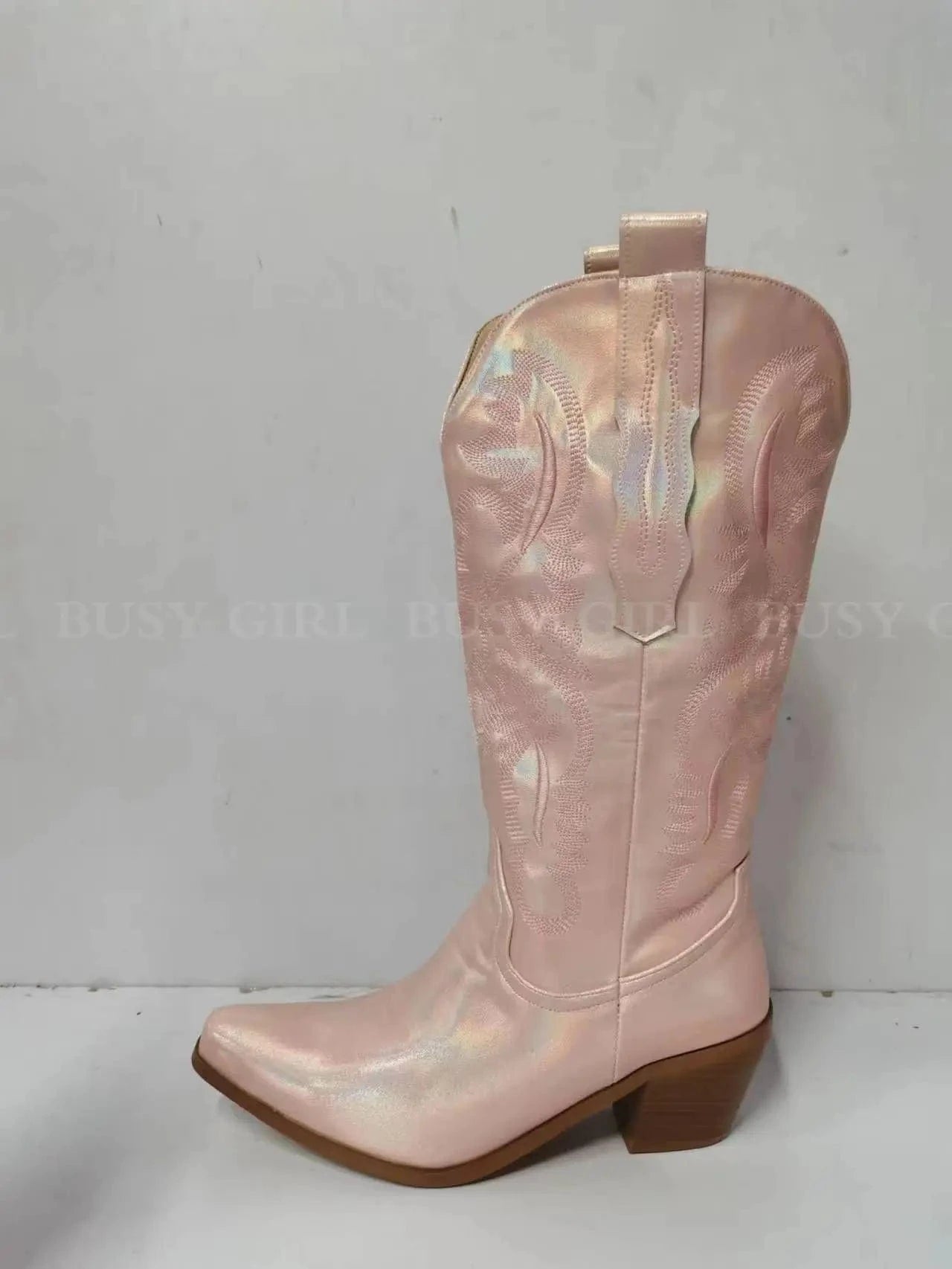 11 / gold pink BUSY GIRL XY4778 Knee High Boots Ladies Big Size Women Shoes Block Heels Fashion Embroidery Western Cowboy Boots For Women