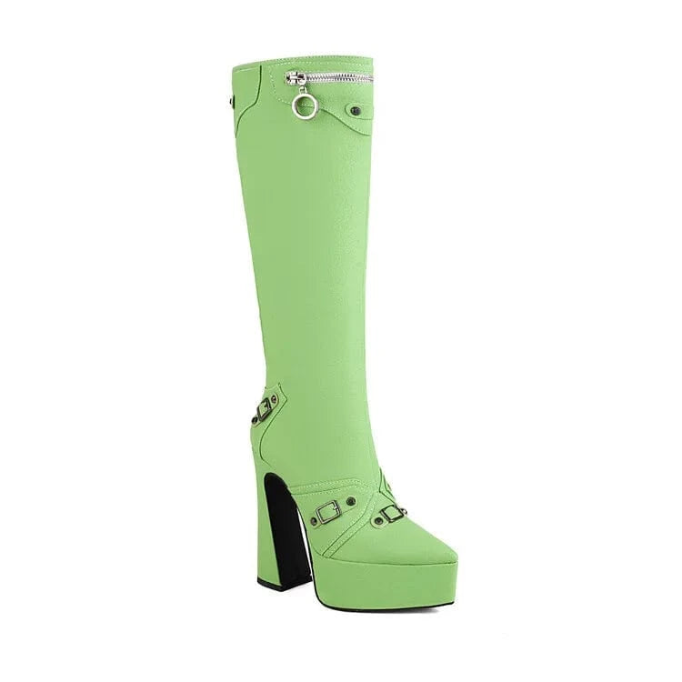 11 / Green BUSY GIRL MF4112 Knee High Boots for Women Chunky High Heels Platform Fashion Square Buckle Pointed Toe  PU Winter Ladies Shoes