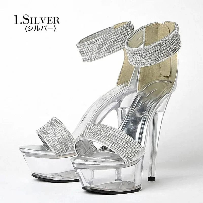 11 / silver Transparent stiletto 15 cm pole dance high heels silver banquet party crystal Club striptease platform leaky toe sandals