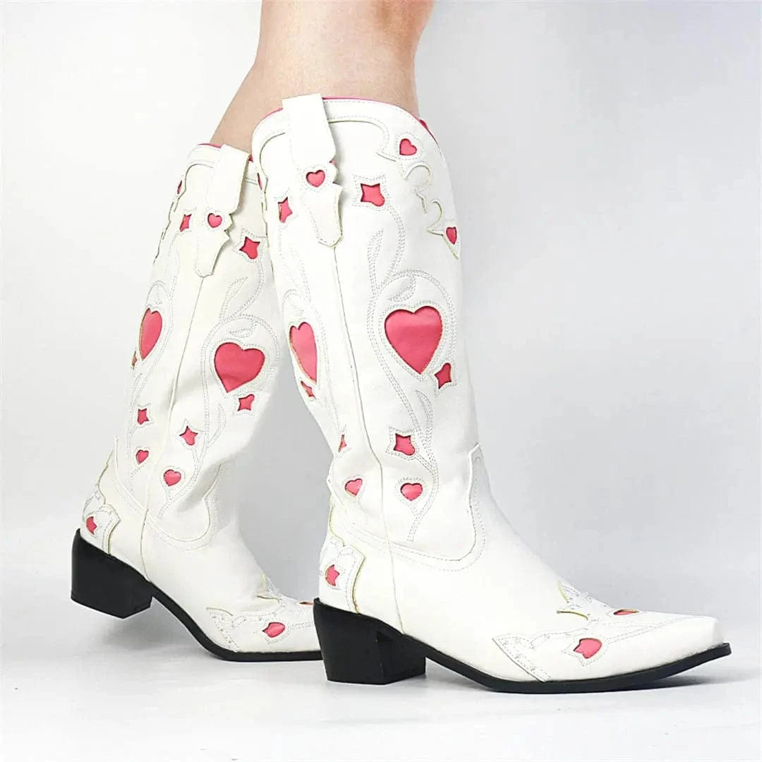 11 / White BUSY GIRL XY4819 Women's Cowboy Boots Vintage Cowgirl Mid Calf Boots Heart Shape Fashion New Shoes Western Boots