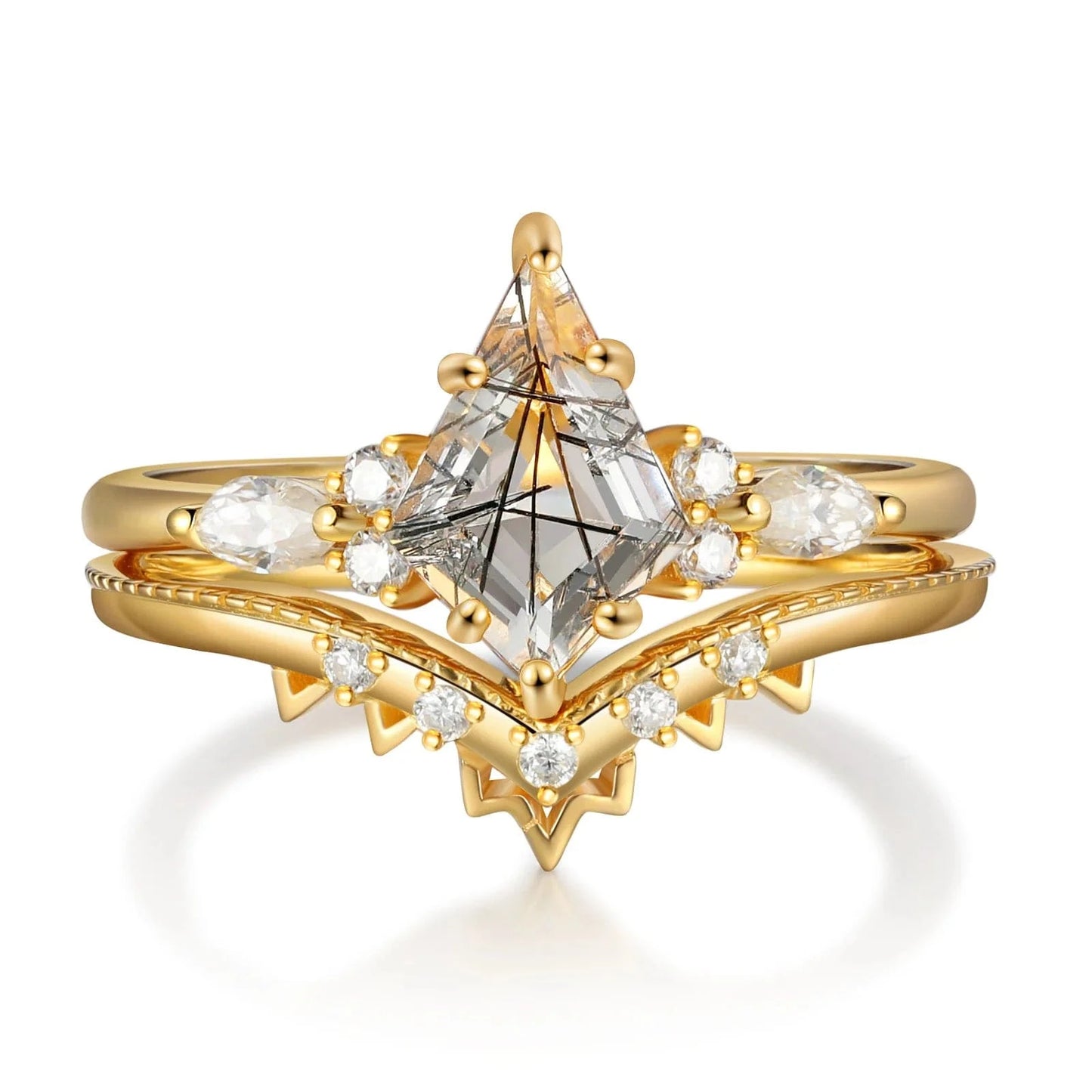 12 / 18K Gold / Black Rutilated Quartz Women Engagement Wedding Rings With Moissanite 18K Gold Fine Jewelry Rings