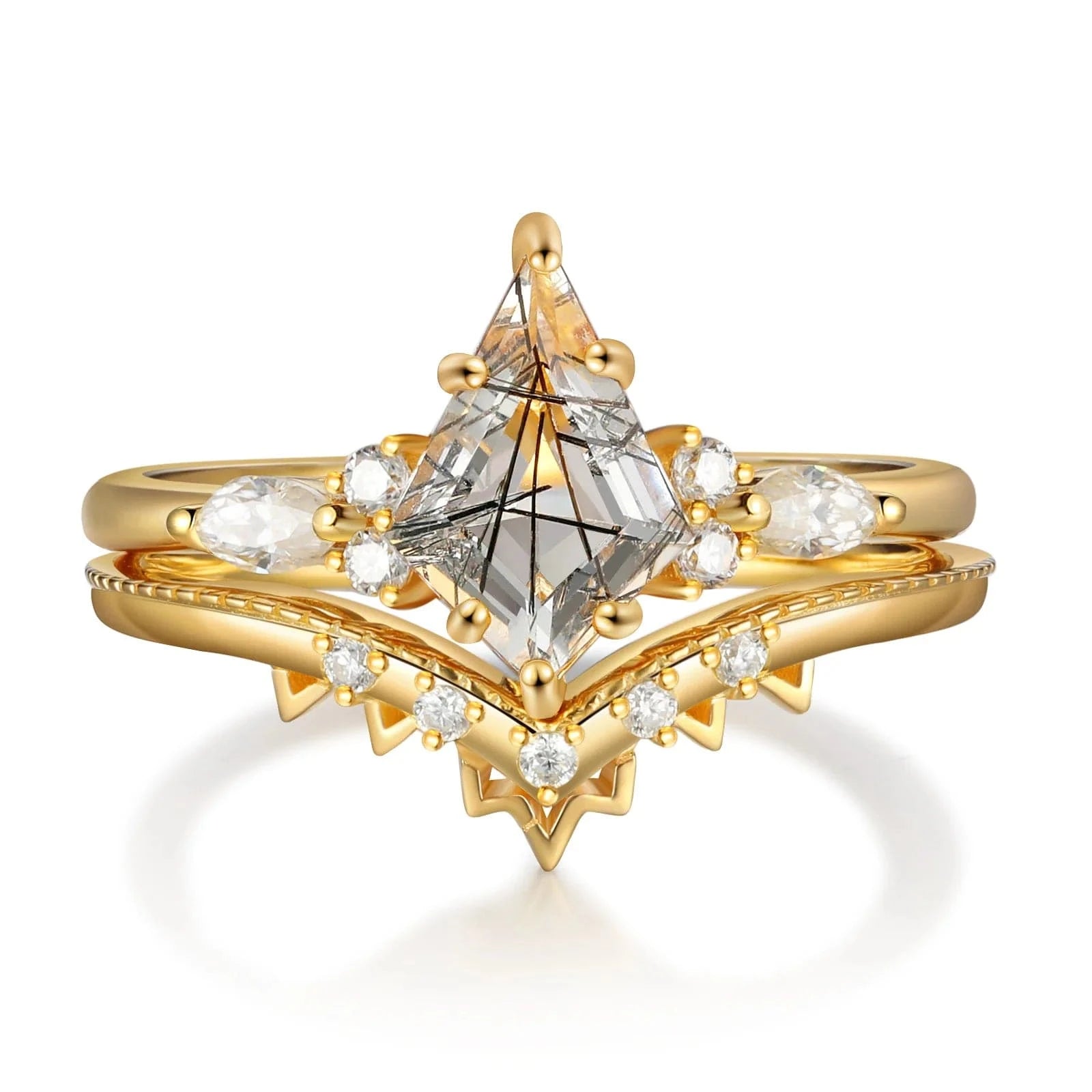12 / 18K Gold / Black Rutilated Quartz Women Engagement Wedding Rings With Moissanite 18K Gold Fine Jewelry Rings