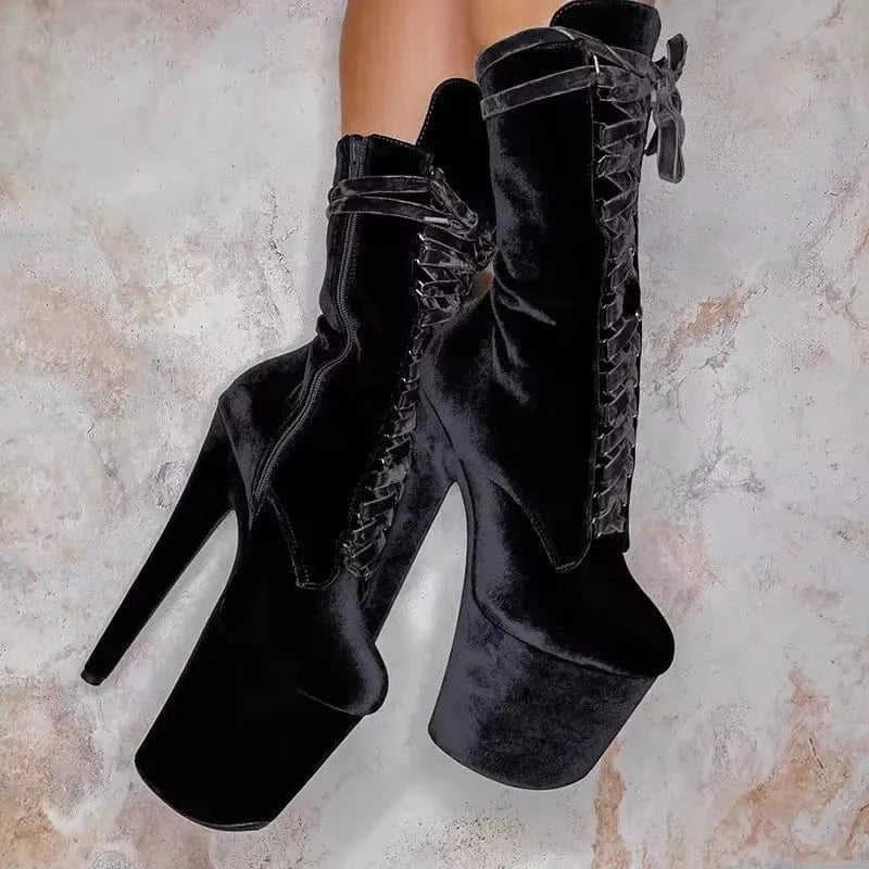 12 / Black 8 inch-20cm Suede lace up platform short boots fashion walking pole dance female boots stripping large size sexy fetish night