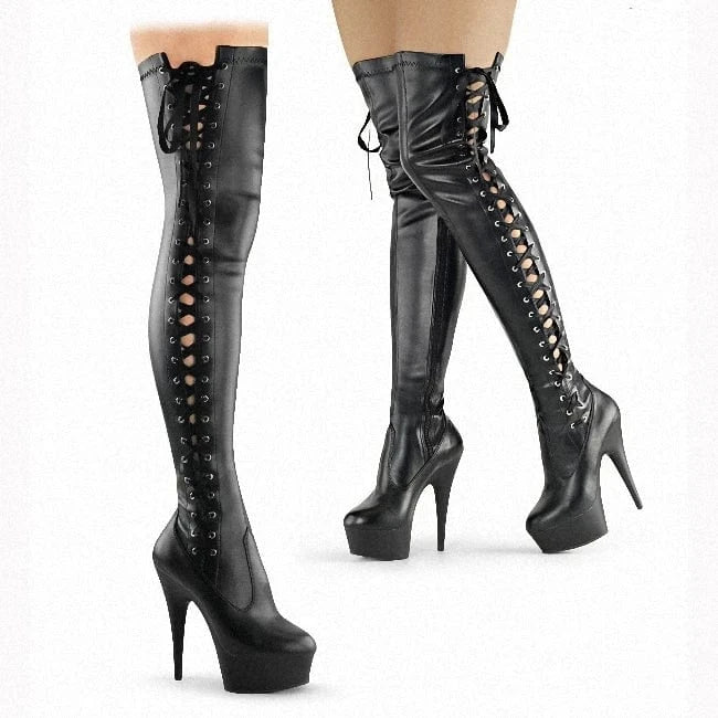 12 / Black+matte 6 inch-15cm High Heel Thick Baking Paint Hollow Lace Up Over The Knee Boots Black Gothic Punk Queen Nightclub Crystal Stripper