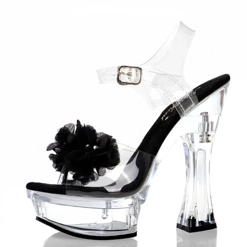12 / Black Pink thick heel transparent crystal 14cm pole dance high heels Club women's large leaky toe platform High Heels Sandals