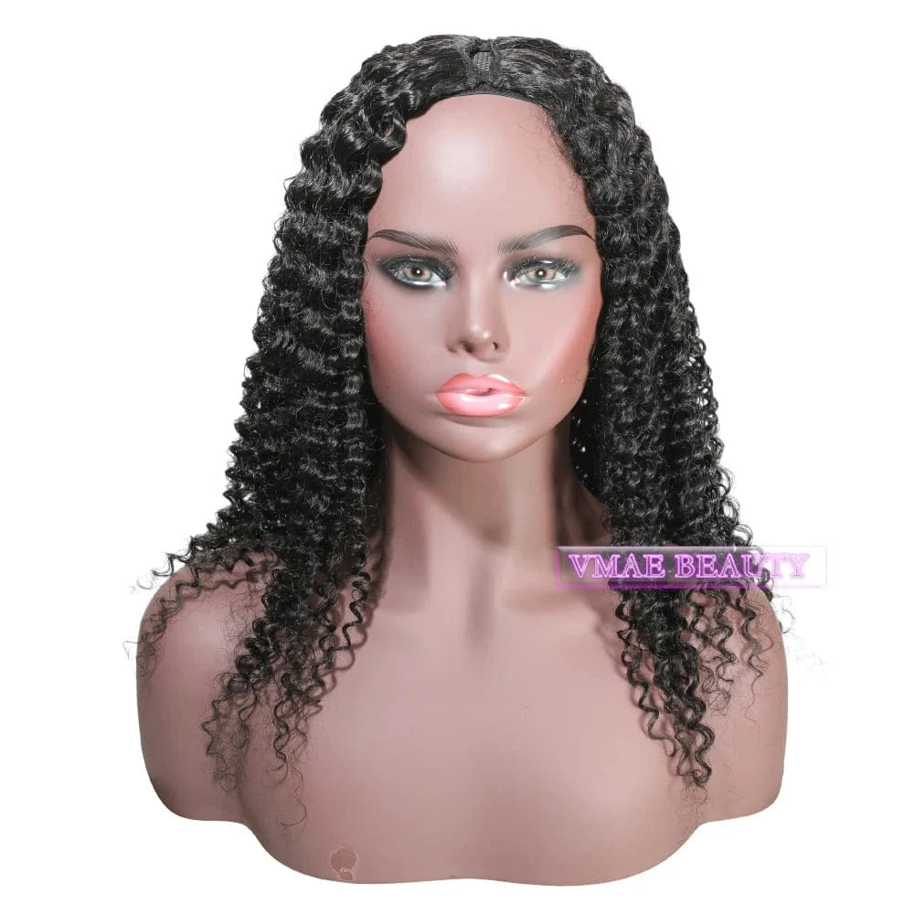 12 Inches / 3C V part VMAE Mongolian Virgin Cuticle Aligned Raw Hair Afro Kinky Curly U Part Human Hair Wig with Lace Base Style 4C for Black Women
