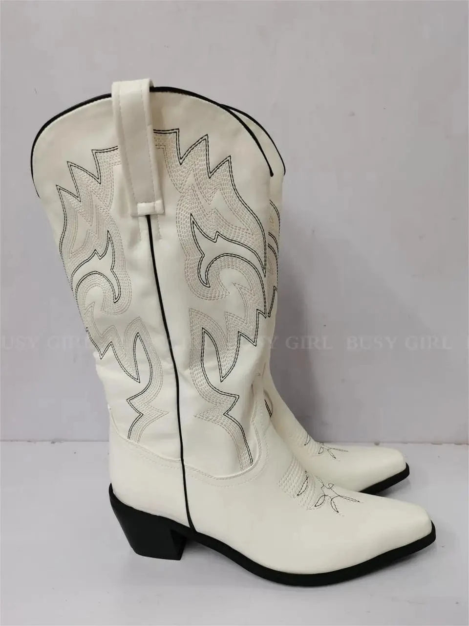 12 / White BUSY GIRL XDY4298 Cowboy Boots Wine Red Embroidery Knee High Western Boot Heels For Ladies Pointed Toe Cowgirl Boots for women