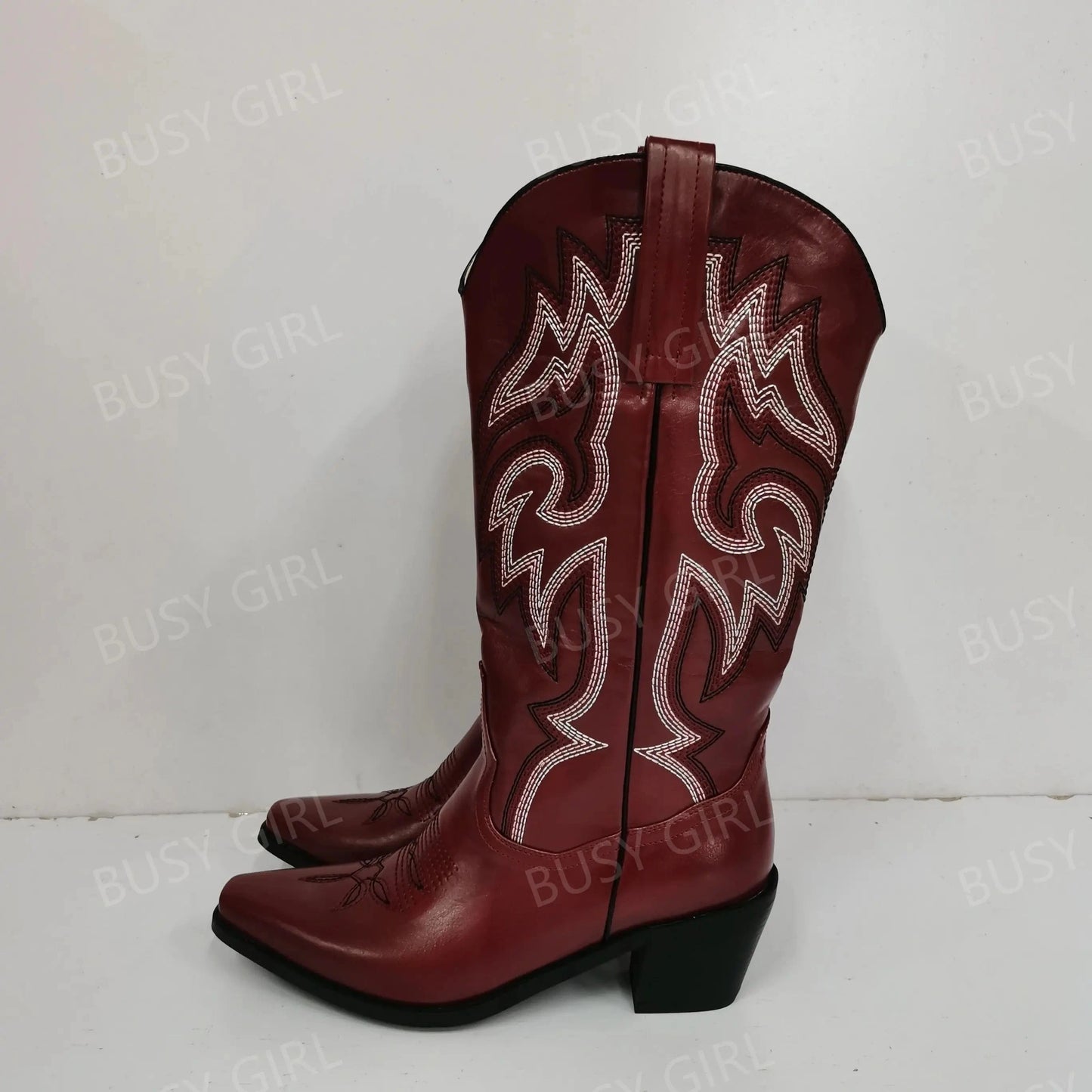 12 / Wine red BUSY GIRL XDY4298 Cowboy Boots Wine Red Embroidery Knee High Western Boot Heels For Ladies Pointed Toe Cowgirl Boots for women