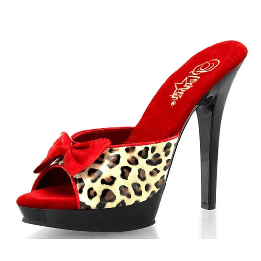 13cm Leopard Print Sexy Strip Pole Dance Peep Toe Models 5Inch Big Size Bowknot Exotic Fetish Shoes Party Full Dress Nightclub