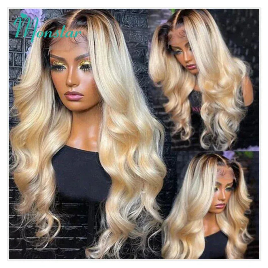 13x6 Lace Frontal Wig Brazilian Straight Full Lace Human Hair Wig 2 Tone Dark Root 1B 613 Ombre Blonde Lace Front Wigs for Women - SN Wigs & More
