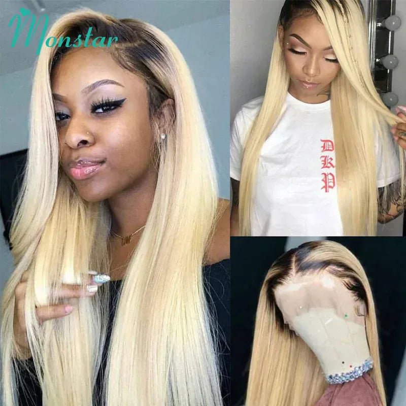 13x6 Lace Frontal Wig Brazilian Straight Full Lace Human Hair Wig 2 Tone Dark Root 1B 613 Ombre Blonde Lace Front Wigs for Women - SN Wigs & More