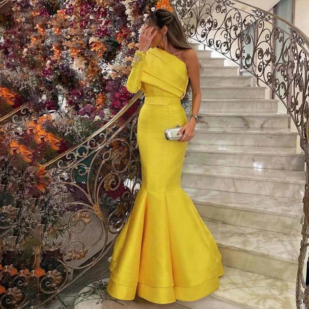 14 / 1 Arabic Elegant One Shoulder Mermaid Yellow Evening Dresses for Women Wedding Party 2024 Dubai Blue Formal Gown SF014