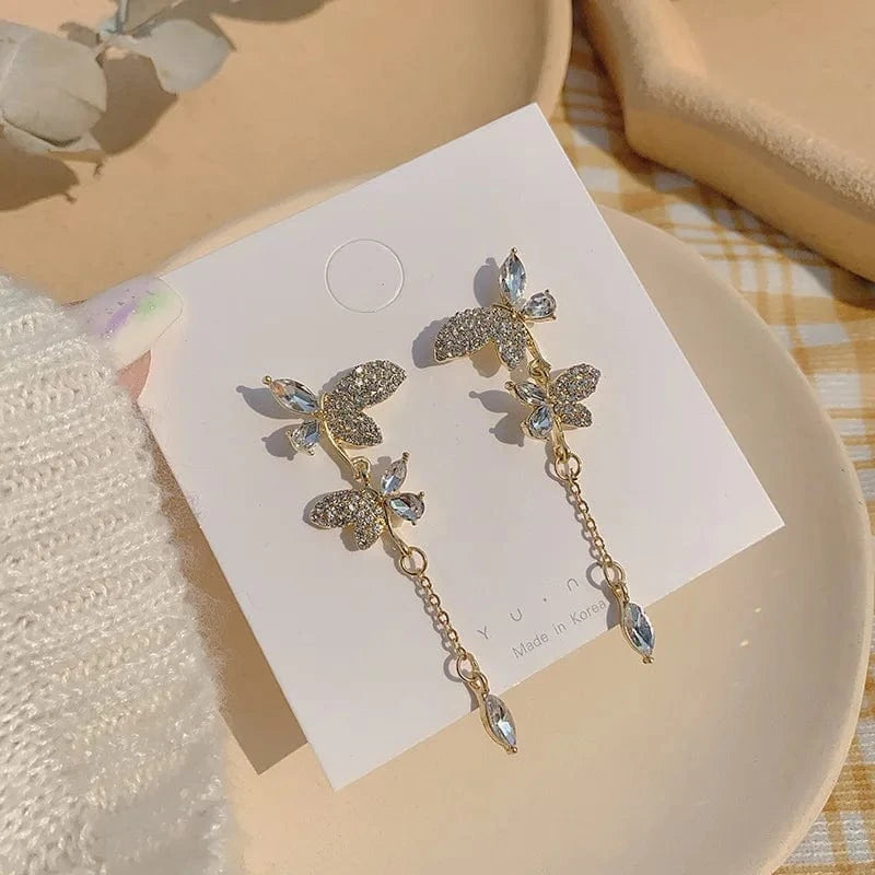 14-2218 Gold Crystal Long Chain Earrings 925 Silver Needle Butterfly Jewelry Women Fashion Pearl Flower Cluster Earrings