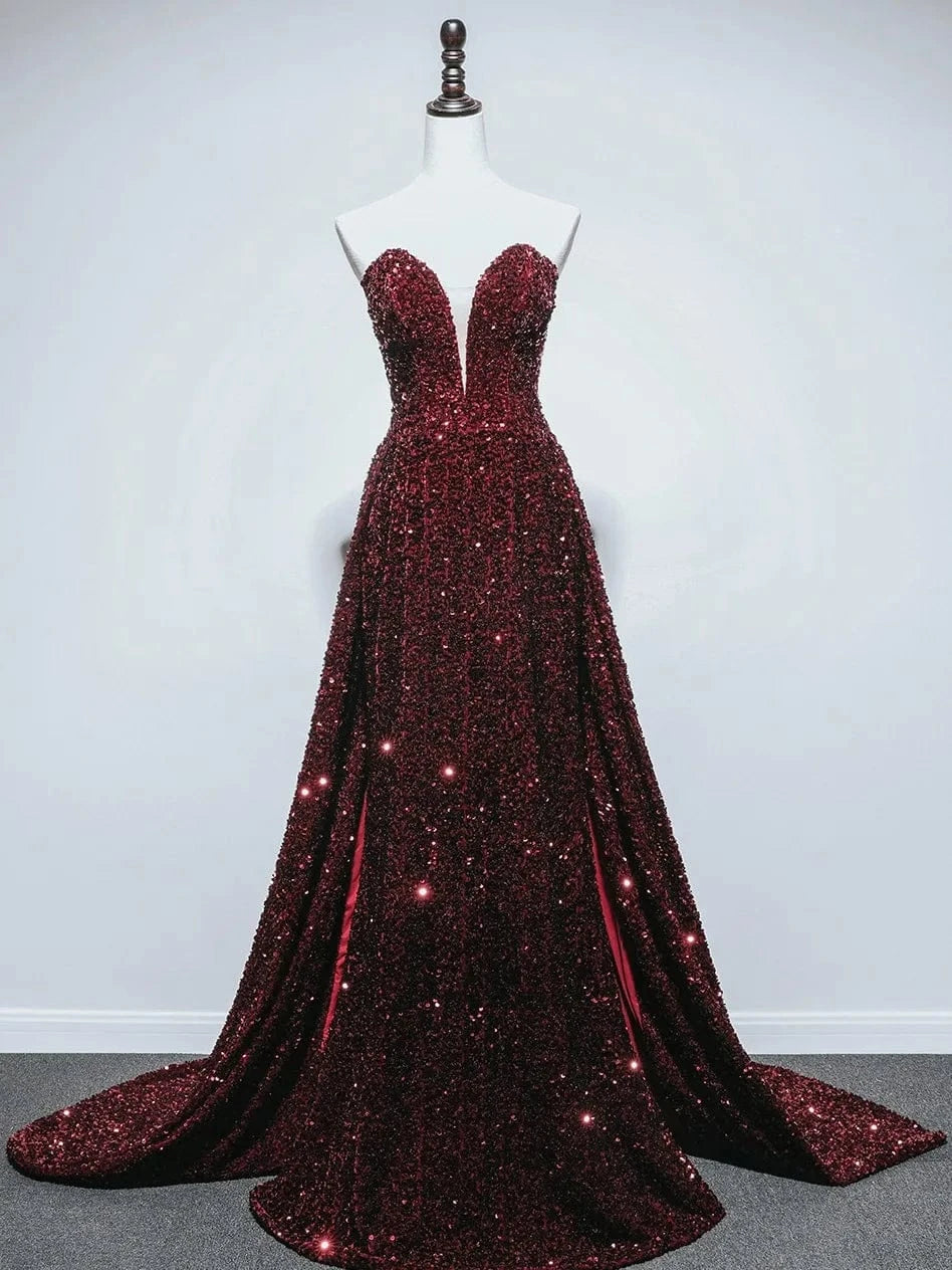 14 / As picture / Floor Length S1491T    2024 New Fashion Turkish Women's Elegant Evening Dress High Slit Sequin Fabric with Lace Decoration Chapel Train