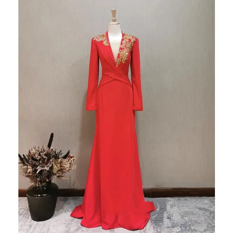 14 / as the picture  A / 100cm S8569F   2024 Dignified Red Hot-Selling Mermaid Silhouette Wedding Gown with Royal Design for Parties Long-Sleeved Evening Dress
