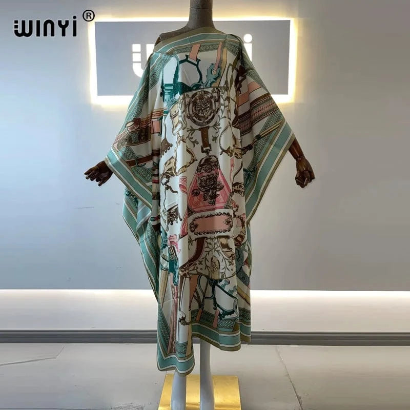14 / One Size Africa Fashion Blogger Recommend Popular printed Silk Kaftan Maxi dresses Loose Summer Beach Bohemian kaftan long dress for lady
