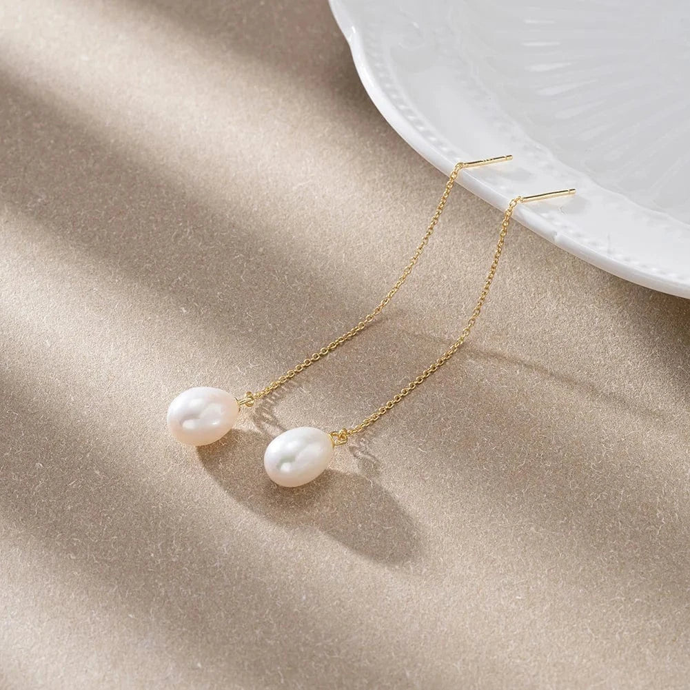 14K Gold Plated RINNTIN GPE75 Fashion Silver Jewelry 2023 Real Pearl Drop Earrings Zircon Link Chain Pendent Earrings Women Jewelry Freshwater