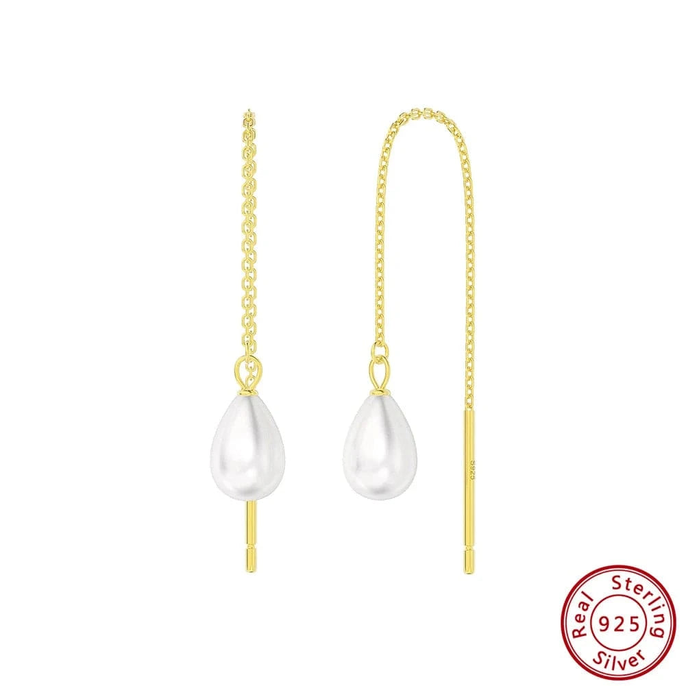 14K Gold Plated RINNTIN GPE75 Fashion Silver Jewelry 2023 Real Pearl Drop Earrings Zircon Link Chain Pendent Earrings Women Jewelry Freshwater