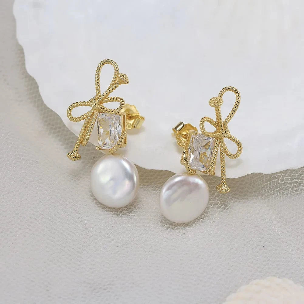 14K Gold Plated RINNTIN GPE84 Korean Style Cute 925 Sterling Silver Ribbon Bow Tie Earrings Clear Zirconia Gold Plated Baroque Pearl Earrings