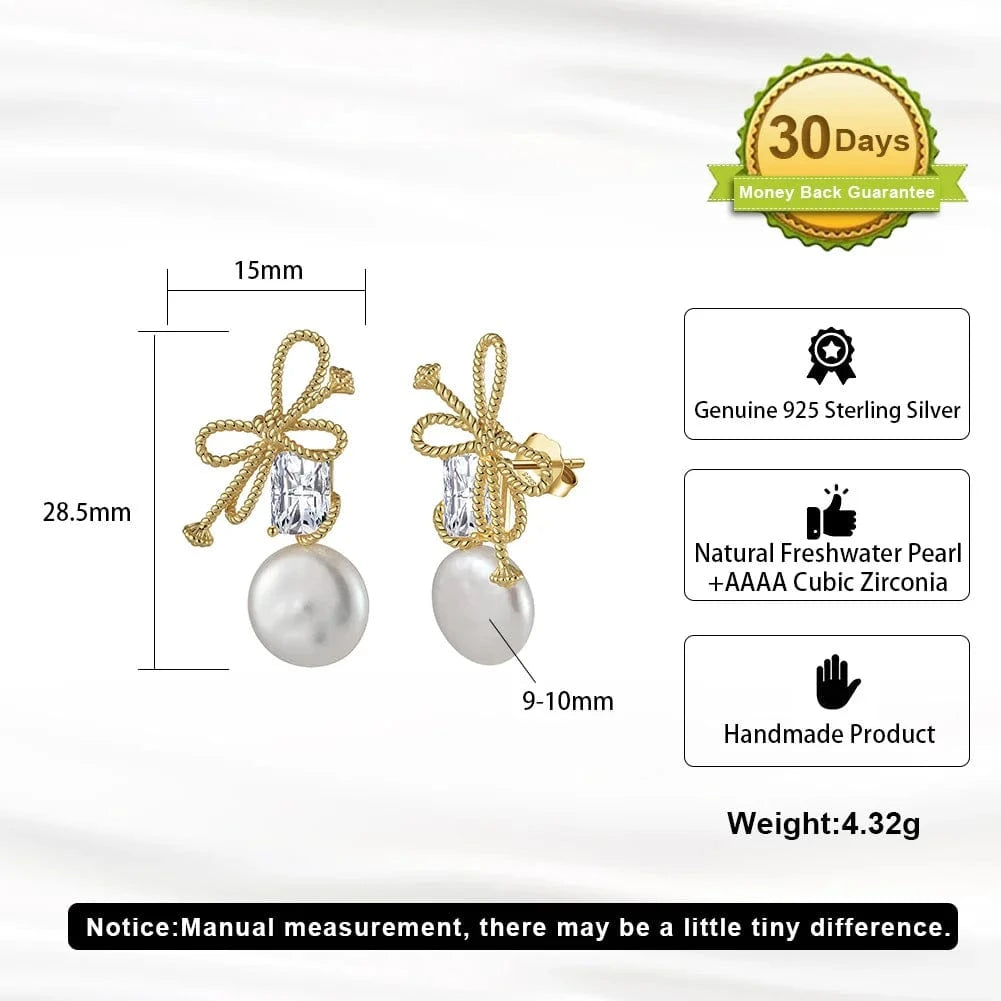 14K Gold Plated RINNTIN GPE84 Korean Style Cute 925 Sterling Silver Ribbon Bow Tie Earrings Clear Zirconia Gold Plated Baroque Pearl Earrings