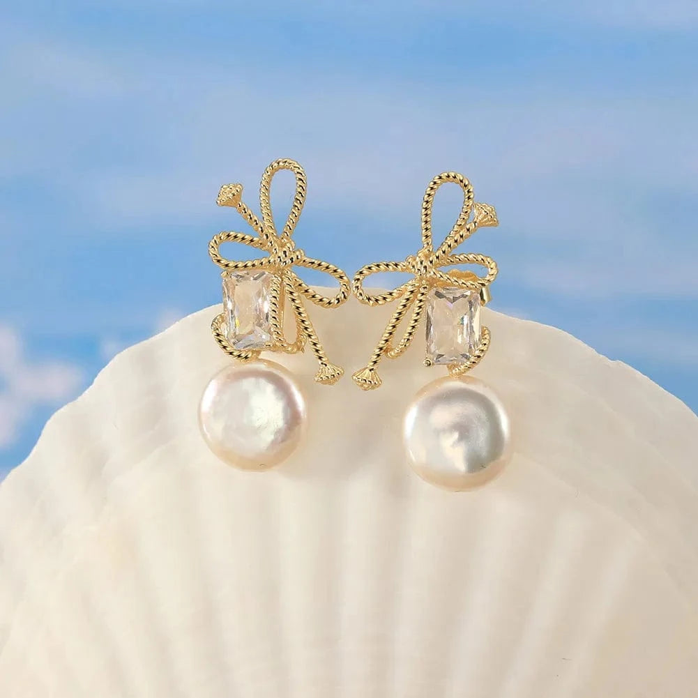 14K Gold Plated RINNTIN GPE84 Korean Style Cute 925 Sterling Silver Ribbon Bow Tie Earrings Clear Zirconia Gold Plated Baroque Pearl Earrings