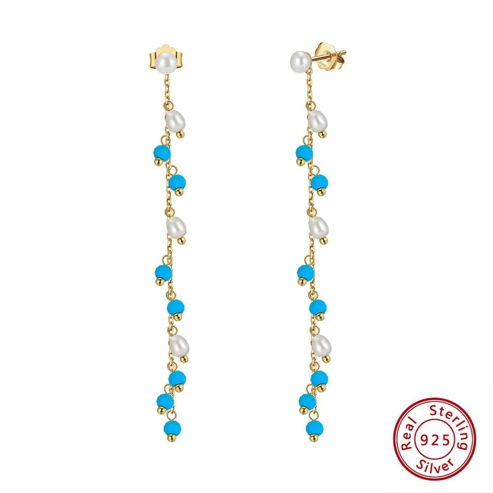 14K Gold Plated RINNTIN MPE03 Handmade 14K Gold Plated 925 Sterling Silver Earring Natural Turquoise Pearl Long Tassel Drop Earrings