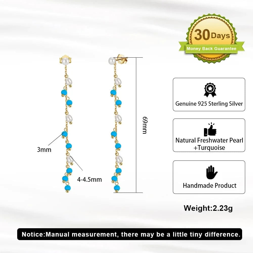 14K Gold Plated RINNTIN MPE03 Handmade 14K Gold Plated 925 Sterling Silver Earring Natural Turquoise Pearl Long Tassel Drop Earrings