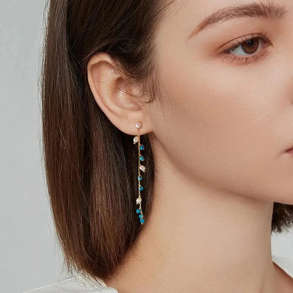 14K Gold Plated RINNTIN MPE03 Handmade 14K Gold Plated 925 Sterling Silver Earring Natural Turquoise Pearl Long Tassel Drop Earrings