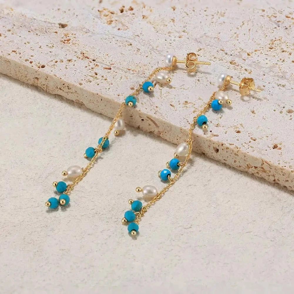 14K Gold Plated RINNTIN MPE03 Handmade 14K Gold Plated 925 Sterling Silver Earring Natural Turquoise Pearl Long Tassel Drop Earrings