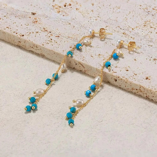 14K Gold Plated RINNTIN MPE03 Handmade 14K Gold Plated 925 Sterling Silver Earring Natural Turquoise Pearl Long Tassel Drop Earrings