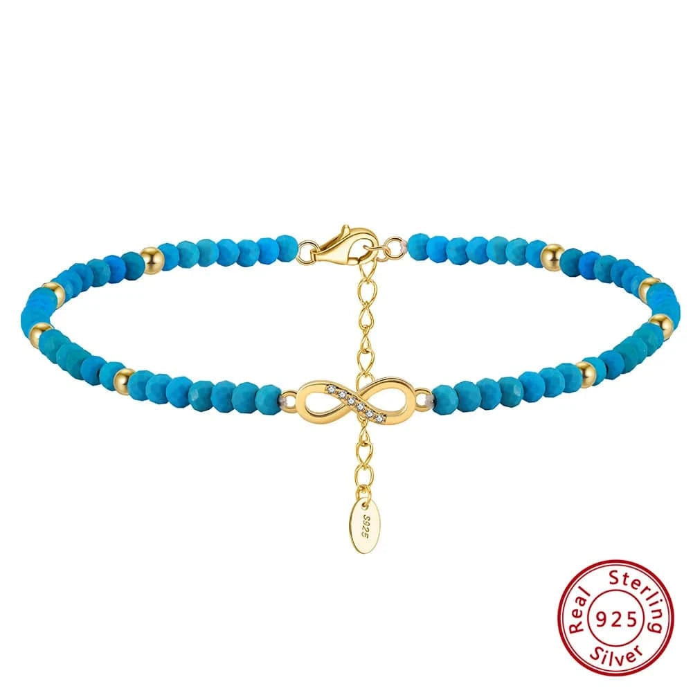 14K Gold Plated RINNTIN SA87 Summer Foot Jewelry Gemstone Bead Turquoise Sterling Silver Ankle Bracelet Eight Charms Ankle Bracelet Infinity