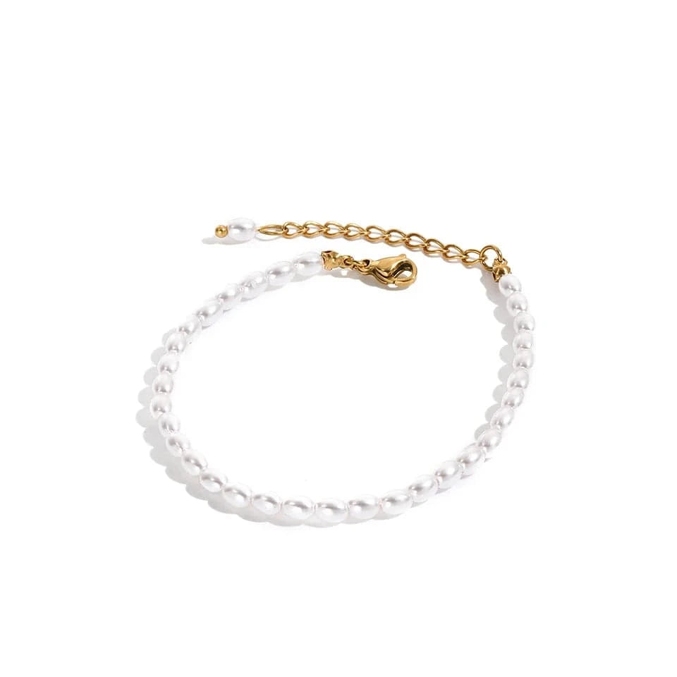 14K gold / YS15532 eManco Dainty Imitation Rice Pearl Bracelet Gold Plated Stainless Steel Chain Fashion Party Wedding Jewelry Women Wholesale