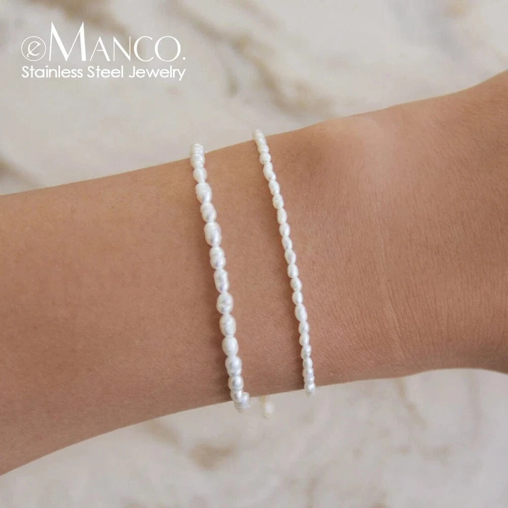 14K gold / YS15532 eManco Dainty Imitation Rice Pearl Bracelet Gold Plated Stainless Steel Chain Fashion Party Wedding Jewelry Women Wholesale