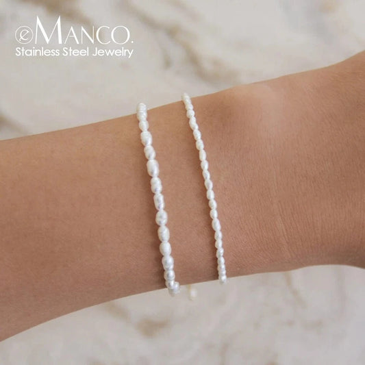 14K gold / YS15532 eManco Dainty Imitation Rice Pearl Bracelet Gold Plated Stainless Steel Chain Fashion Party Wedding Jewelry Women Wholesale