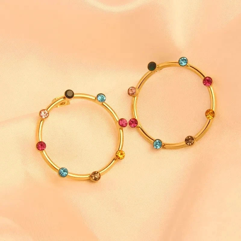 14k Series Stainless Steel Gold Plated Colorful Cbic Zirconia Hoop Tassel Earrings Fashion Women Stud Earring Jewelry