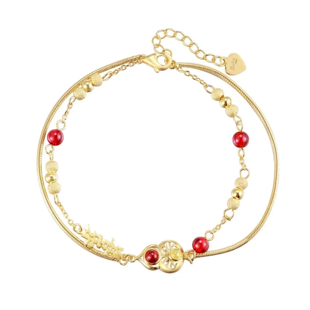 15+3 cm / DY150272-S-G-RG Dylam Wholesale Price 925 Sterling Silver Double Layer Chain Link 22K Gold Plated Chalcedony Garnet Gourd Bracelets For Women