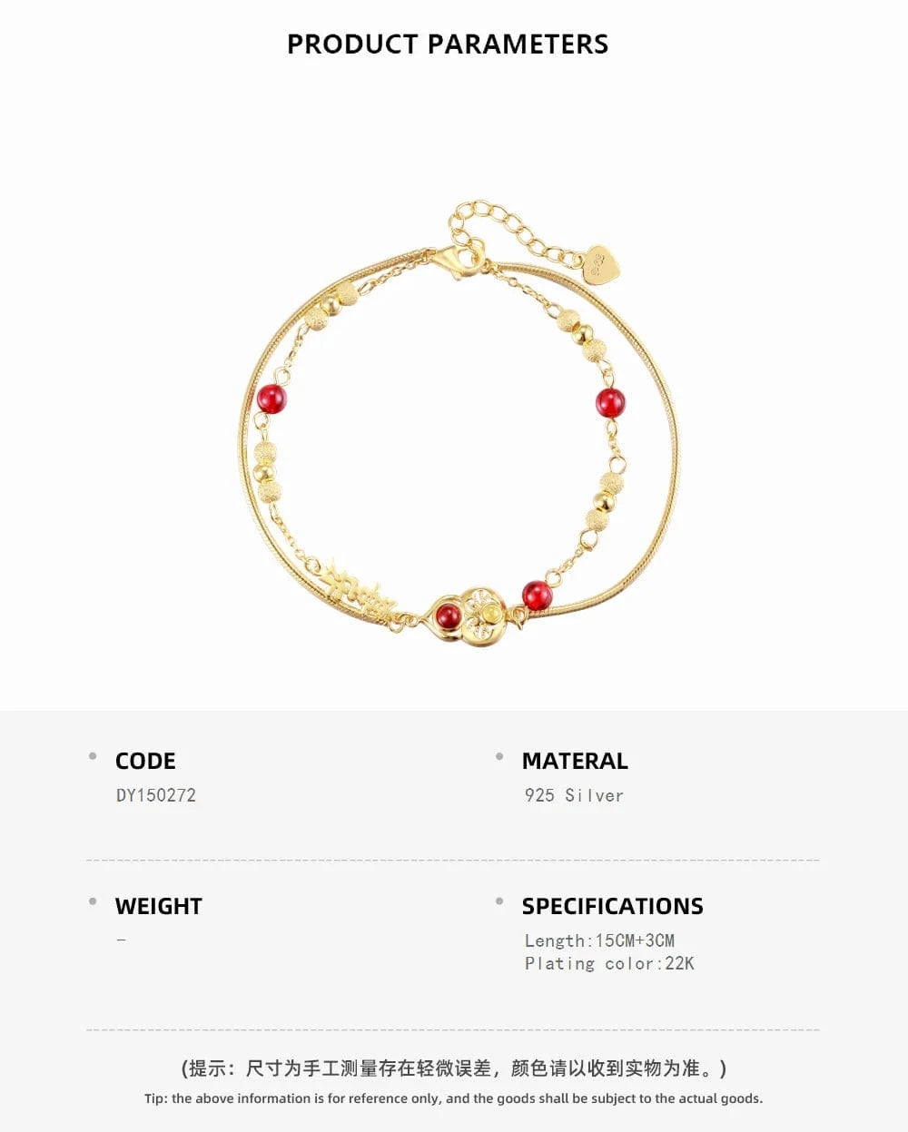 15+3 cm / DY150272-S-G-RG Dylam Wholesale Price 925 Sterling Silver Double Layer Chain Link 22K Gold Plated Chalcedony Garnet Gourd Bracelets For Women