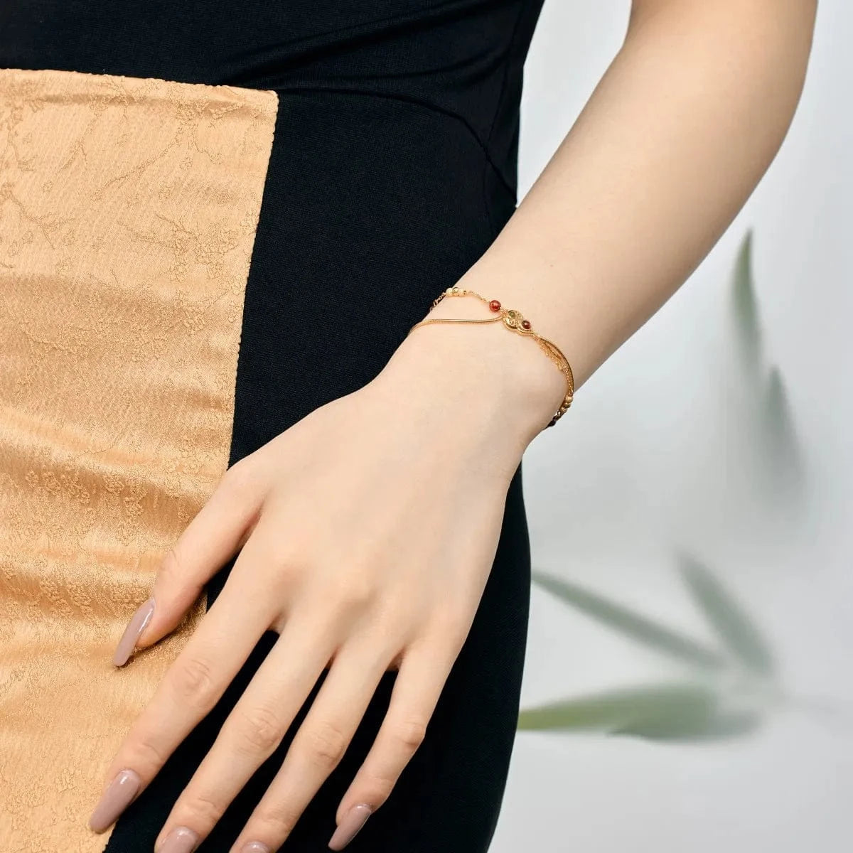 15+3 cm / DY150272-S-G-RG Dylam Wholesale Price 925 Sterling Silver Double Layer Chain Link 22K Gold Plated Chalcedony Garnet Gourd Bracelets For Women